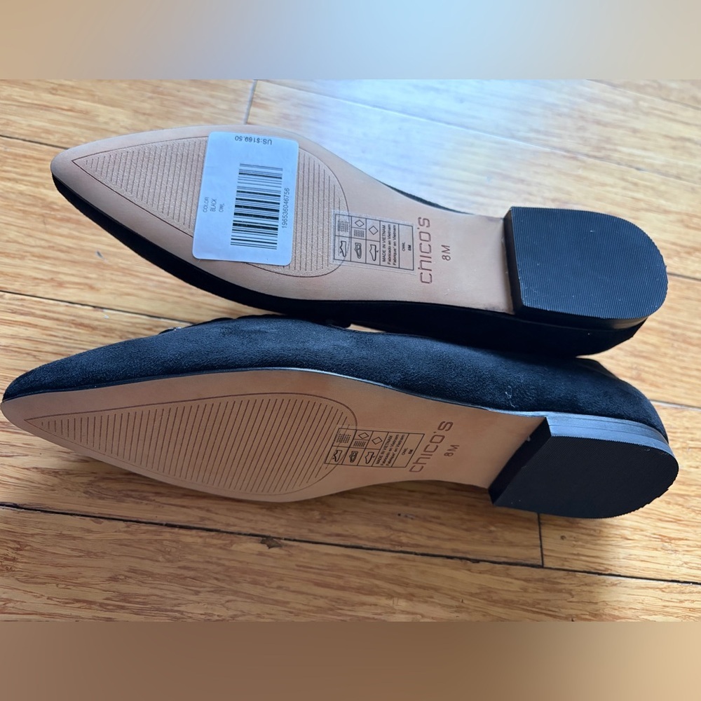 Chico's NWT Black Suede Pointed Flats with Gold Beaded Owl Embellishment - Picture 7 of 9